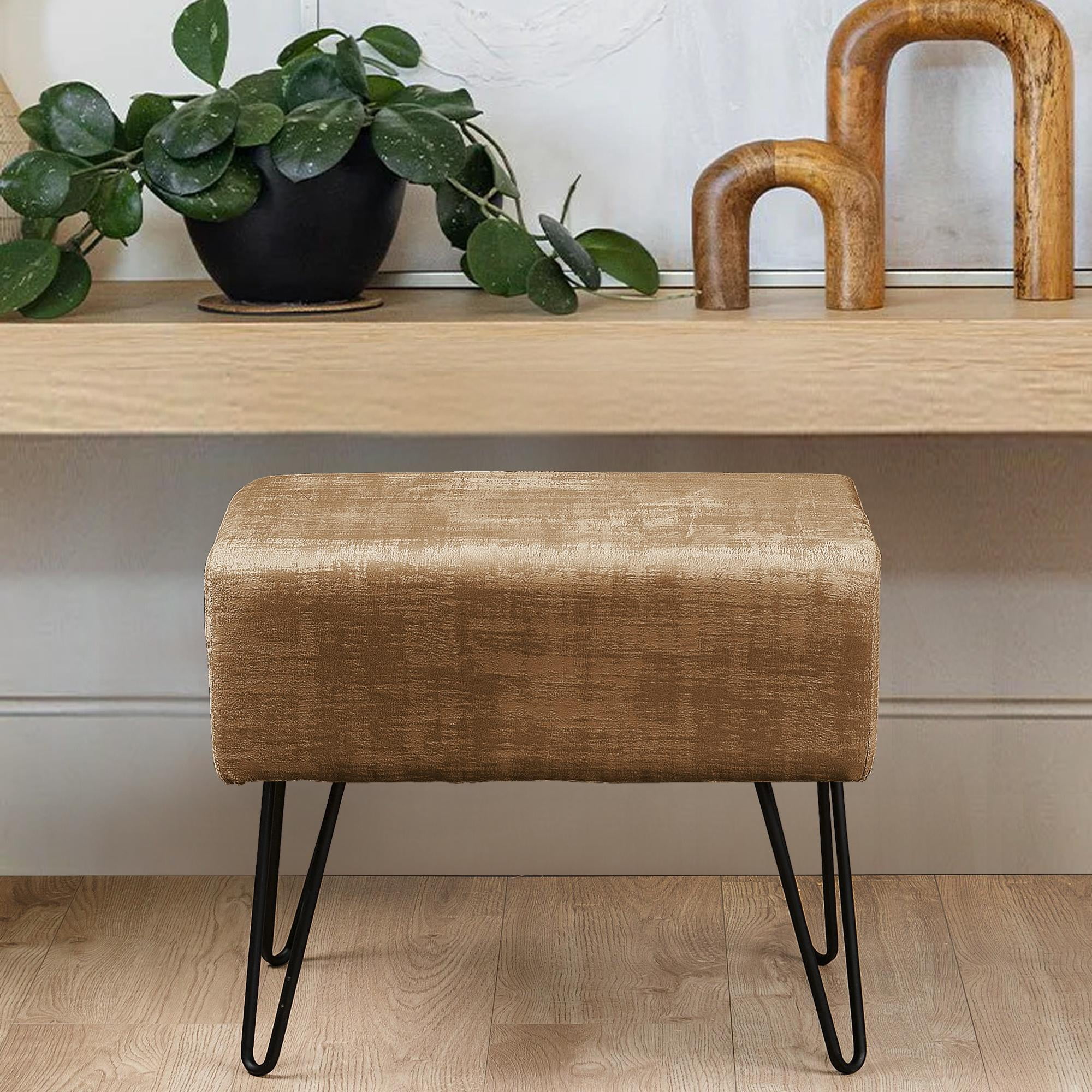 Home Soft Things Textured Velvet Ottoman Stool Chair, Upholstered Footrest with Black Metal Legs, Tobacco Brown, 19" x 13" x 17"