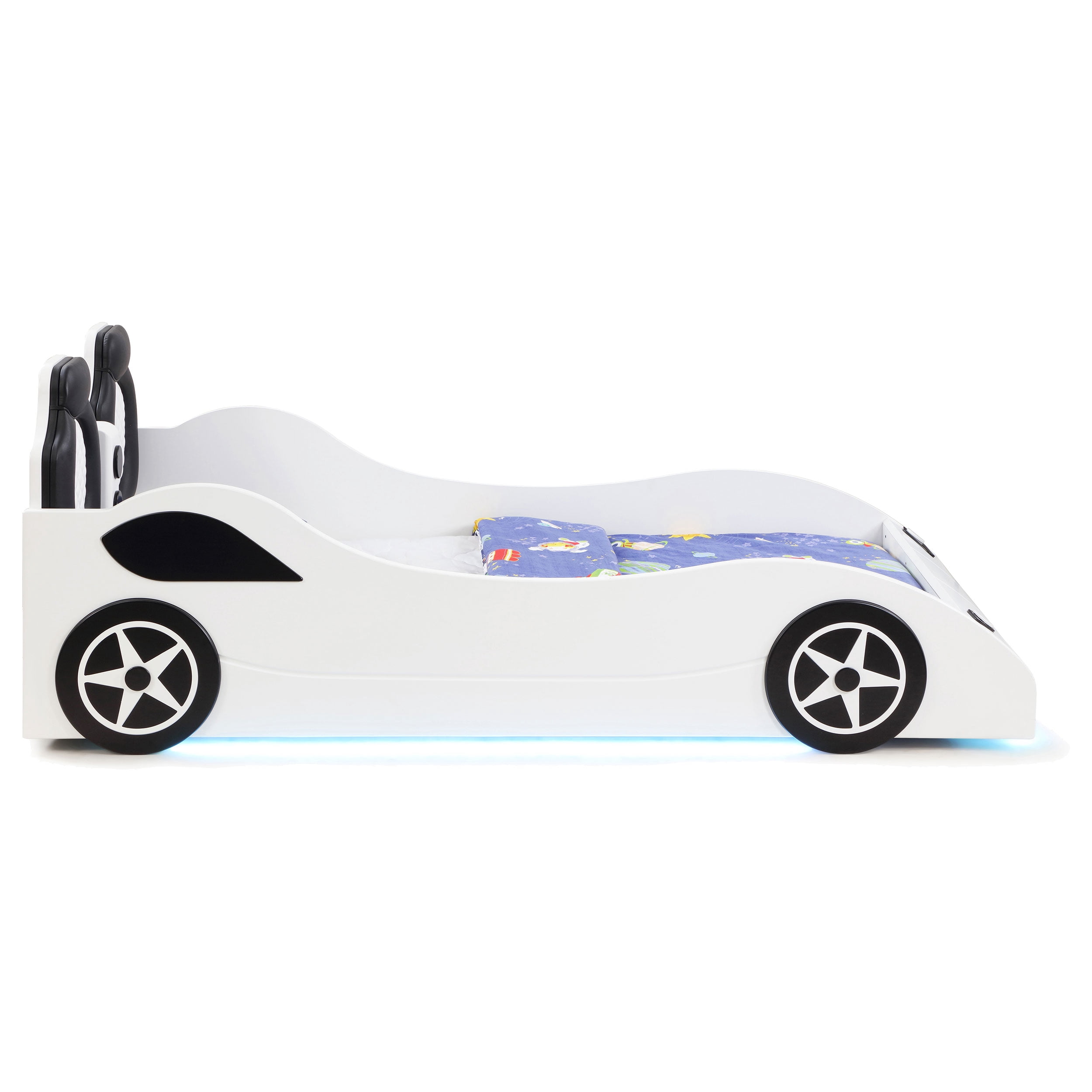 Coaster Cruiser Wood Twin LED Race Car Bed with 7-inch Mattress in White