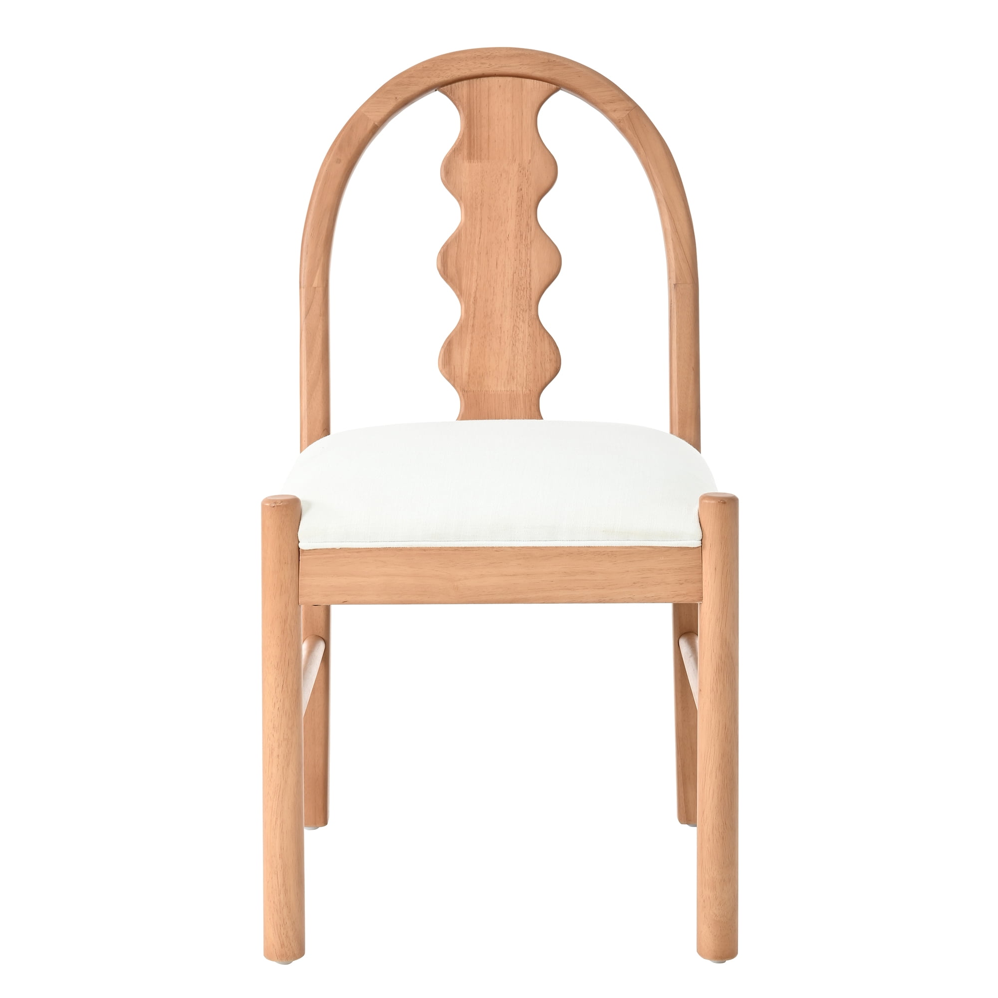 Rubber Wood Dining Chairs Set of 2, Curved Arch Wavy Back Kitchen Chairs with White Fabric Upholstered Seat Cushion, Farmhouse Wooden Side Dining Chairs for Home Kitchen,Natural