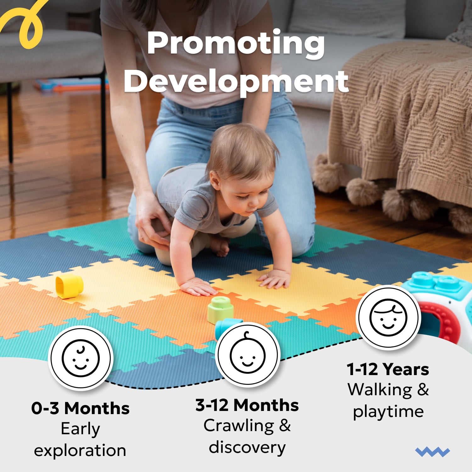 MioTetto Non-Toxic Foam Play Mat for Babies & Kids, Interlocking Puzzle Tiles, Cobalt-Apricot-Pine-Gold, 18 Pieces – Perfect for Tummy Time, Crawling, Nursery, Playroom, or Gym