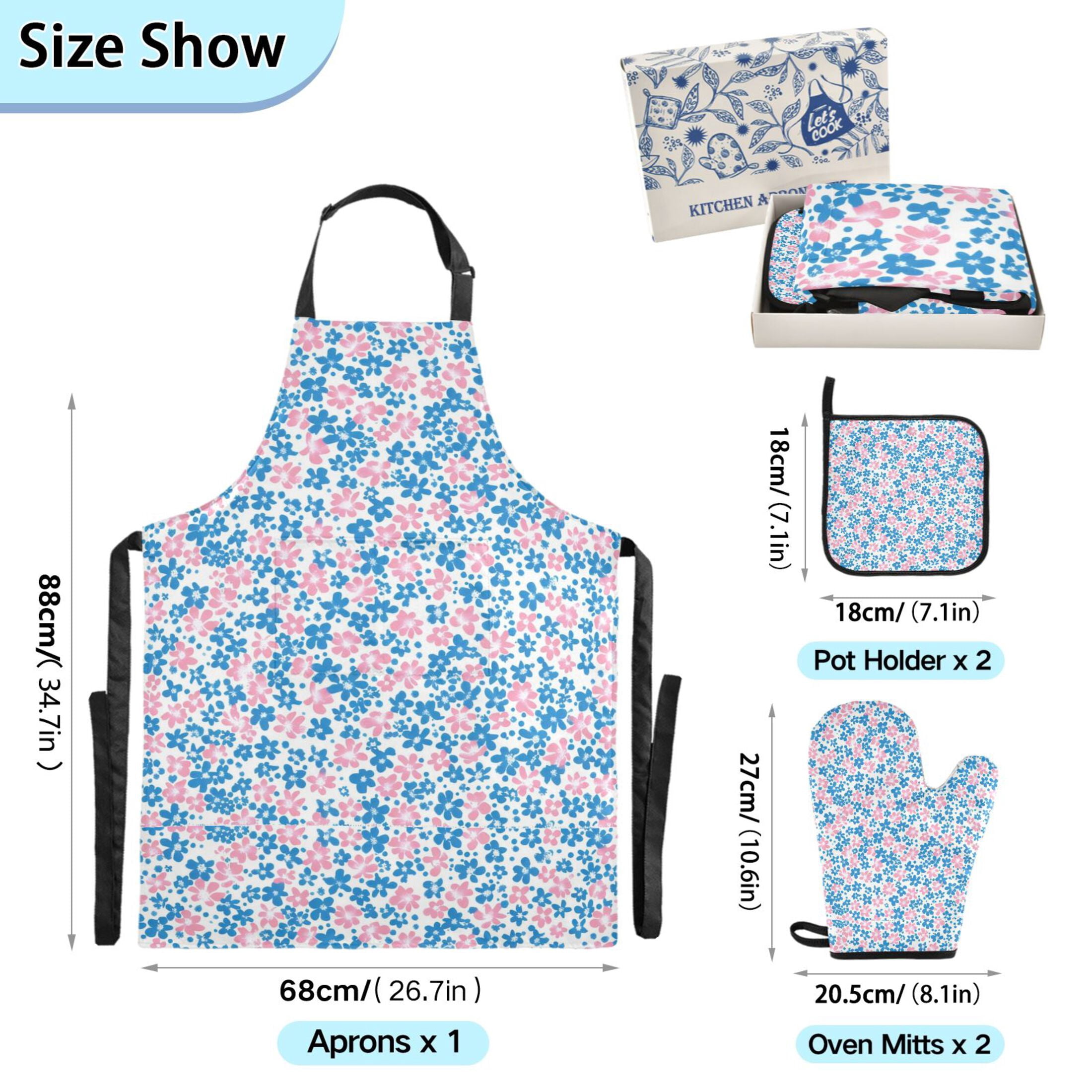 Blue and Pink Small Flowers 5 Pcs Kitchen Set Heat Resistant Oven Mitts and Non-Slip Pot Holders with Adjustable Cooking Apron
