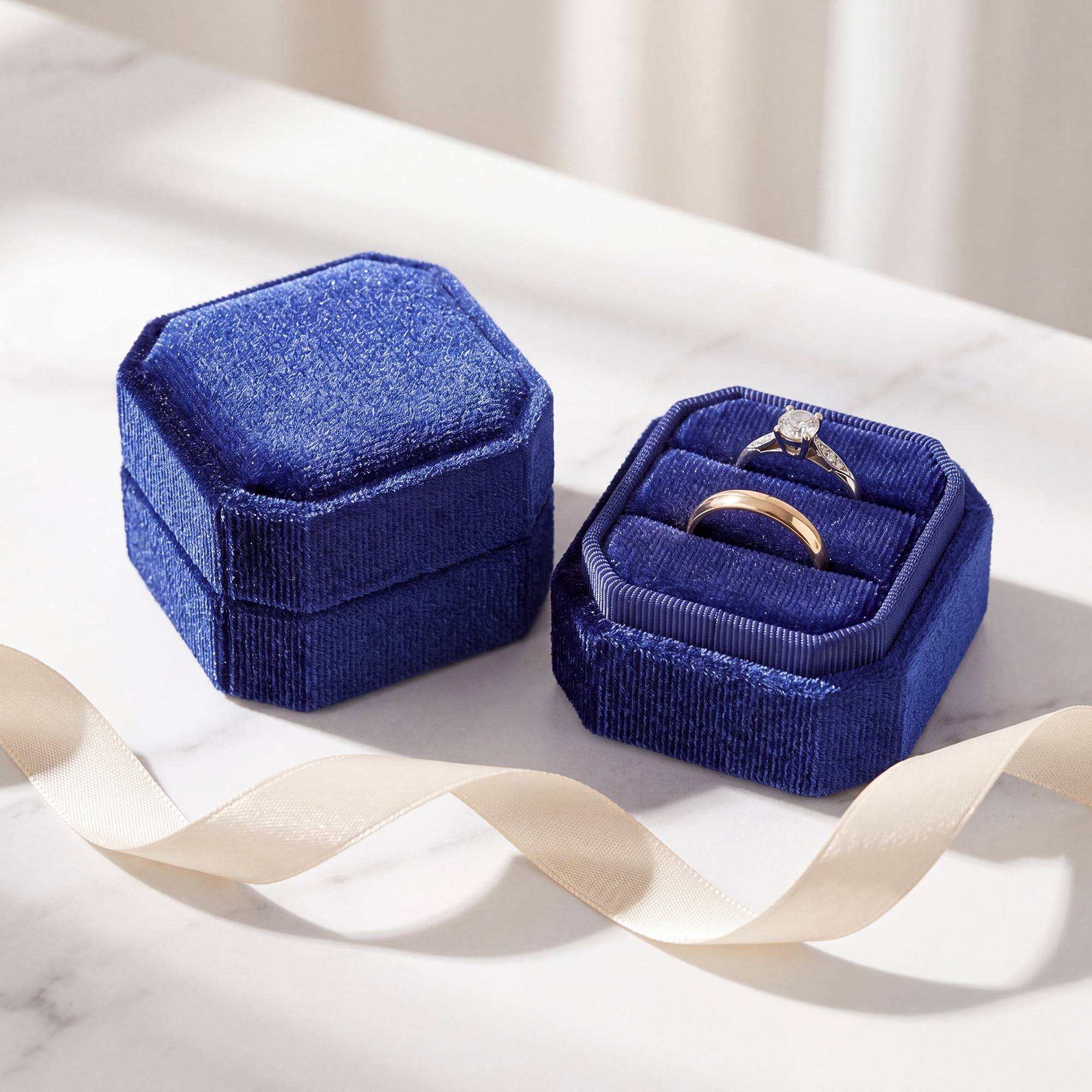 Velvet Ring Box for Proposal Engagement Wedding Ceremony Storage 2 Slots Blue