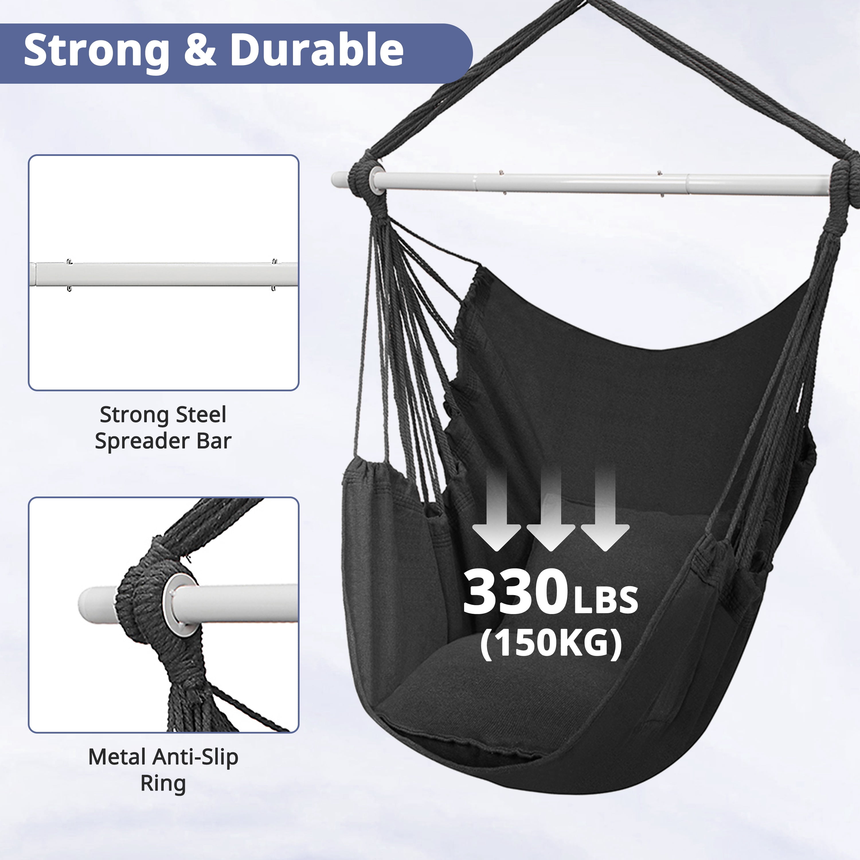 Large Hammock Chair Swing, Relax Hanging Rope Swing Chair with Detachable Metal Support Bar & Two Seat Cushions, Cotton Hammock Chair Swing Seat for Yard Bedroom Patio Porch Indoor Outdoor
