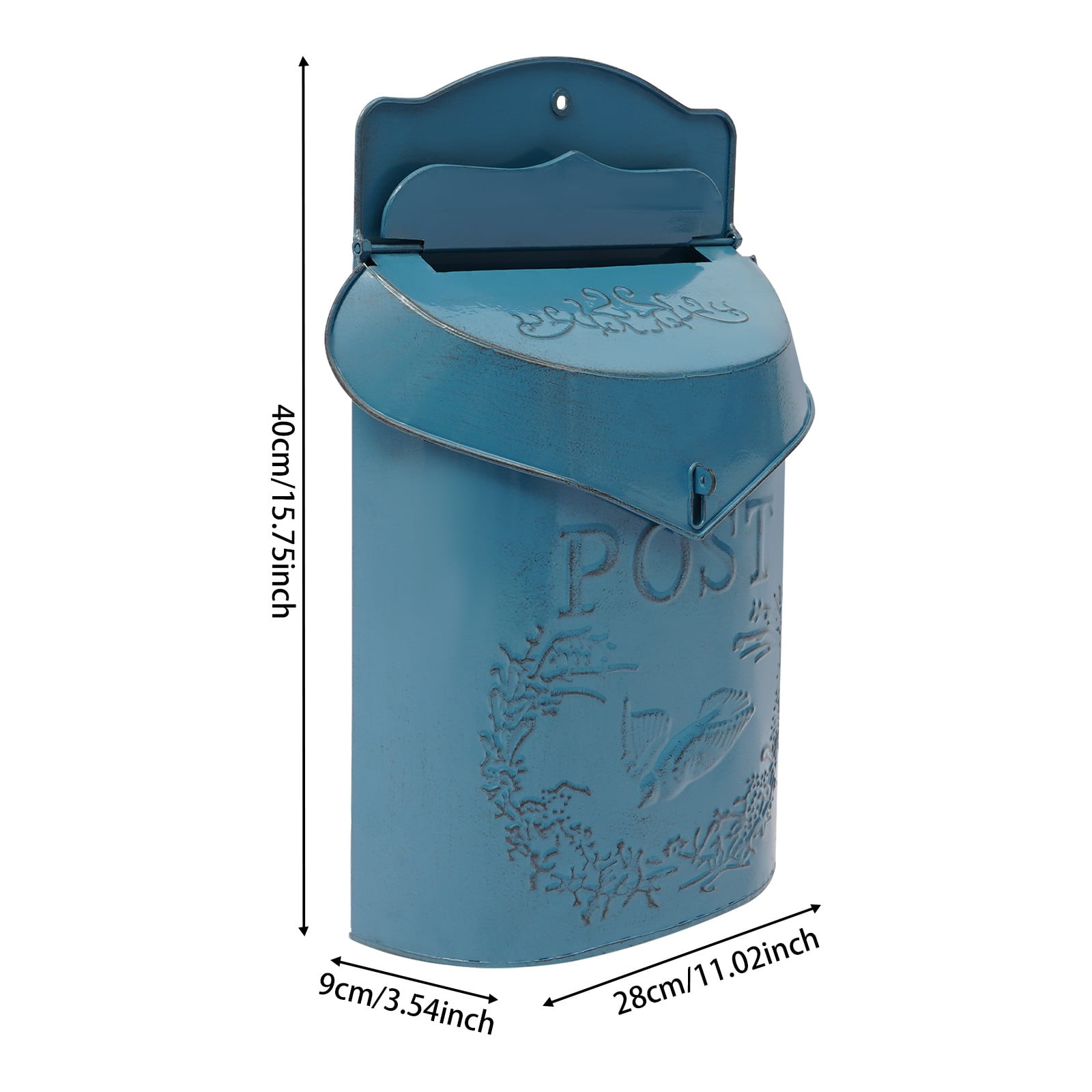 Blue Vintage Iron Wall-Mounted Post Box 9.6x3.8x15.6in for Home Garden