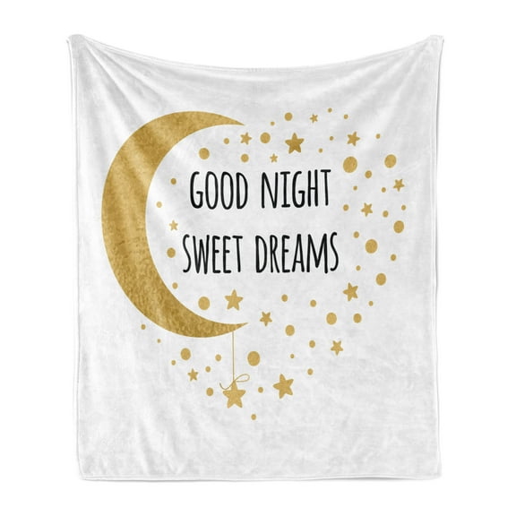 Saying Soft Flannel Fleece Throw Blanket, Cheerful Calligraphy Moon Stars and Dots Monochrome Night Motifs, Cozy Plush for Indoor and Outdoor Use, 50" x 60", Sand Brown Black, by Ambesonne