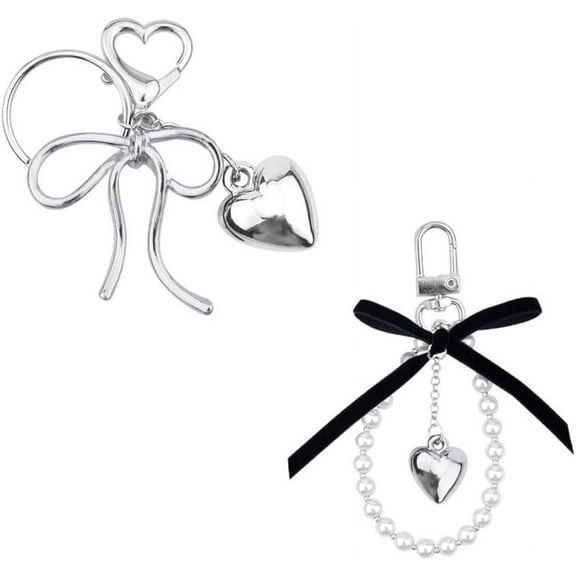 Y2k Bow Keychain Wristlet For Purse Earphone Case Charms For Teen Girls Women Pearl Beaded Keychain For Key Chain Set 2000s