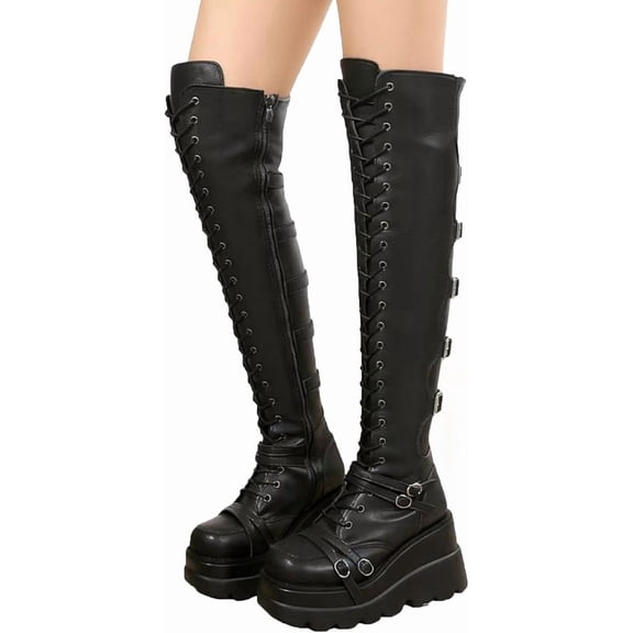 Fashion Black Platform Boots for Women Over The Knee Thigh High Goth Boots Chunky Heel Motorcycle Boots with Buckles Side Zip