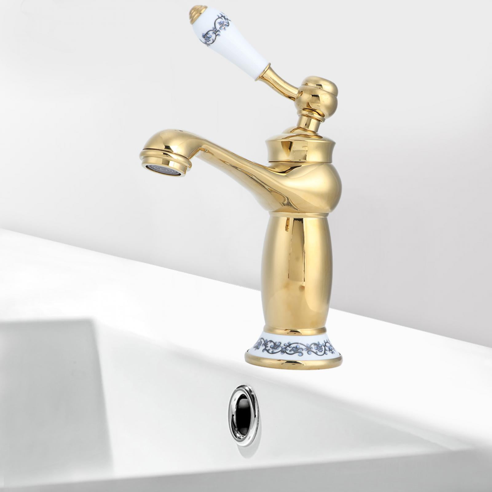 BIMZUC Stylish Antique Gold Brass Basin Faucet Hot and Cold Water Tap for Bathroom Vanity Sink with Double Hose Installation Kits, Premium Electroplating Surface, 7.3 inches / 18.5 cm Height