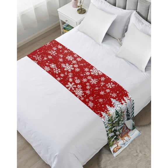 Bed Runner Scarf for Cal.King Size Bed, Red Christmas Beds Scarf Throws for Foot of Bedding, Xmas Winter Forest Tree Deer Snowflakes Decorative Beds Runners for Bedroom Guestroom, 102"x20"