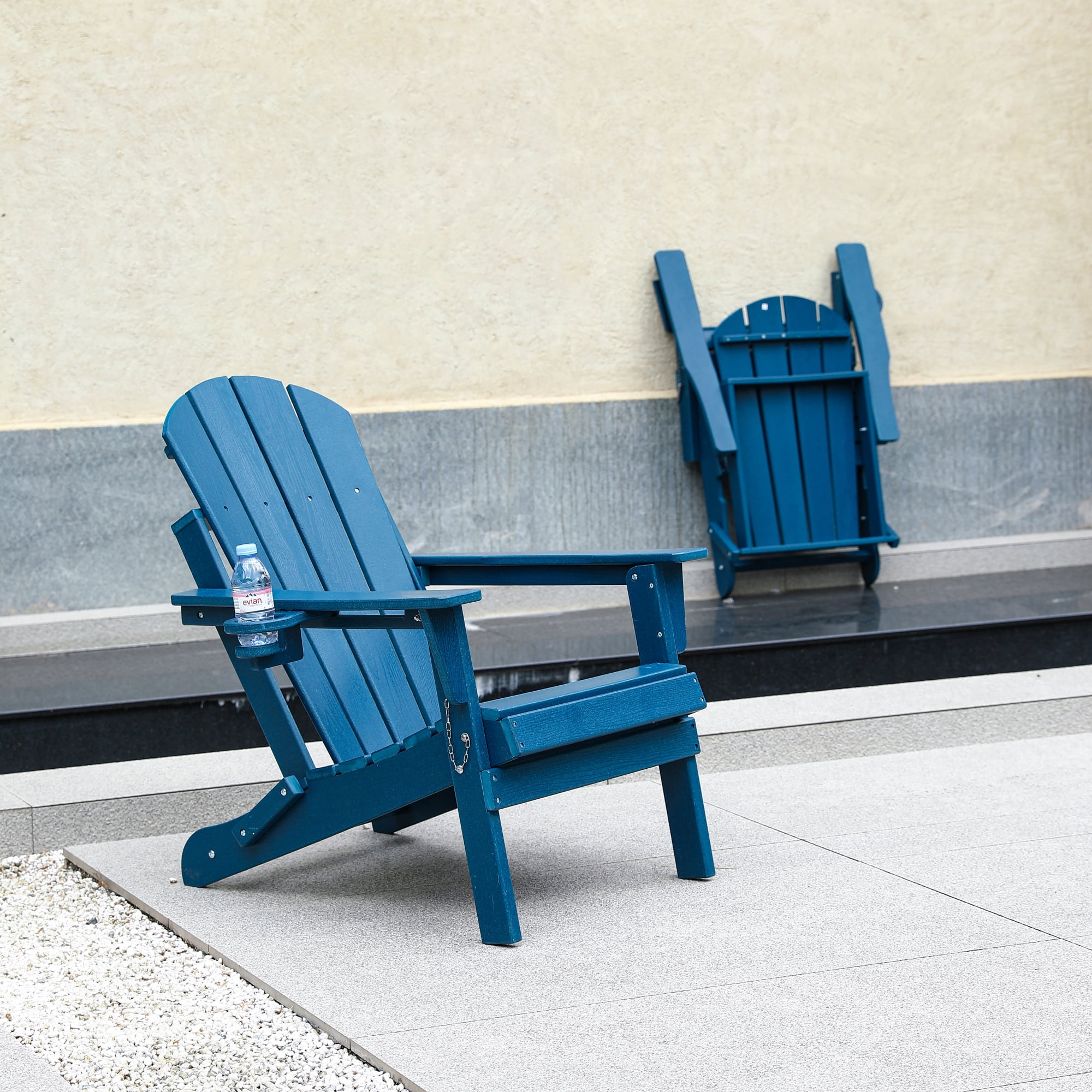 Adirondack Chair, Outdoor Chair, Folding Chair&nbsp;with Dual Cup Holder, HDPE Composite Folding Design and Wood Texture for Patio, Garden, Deck, Navy Blue