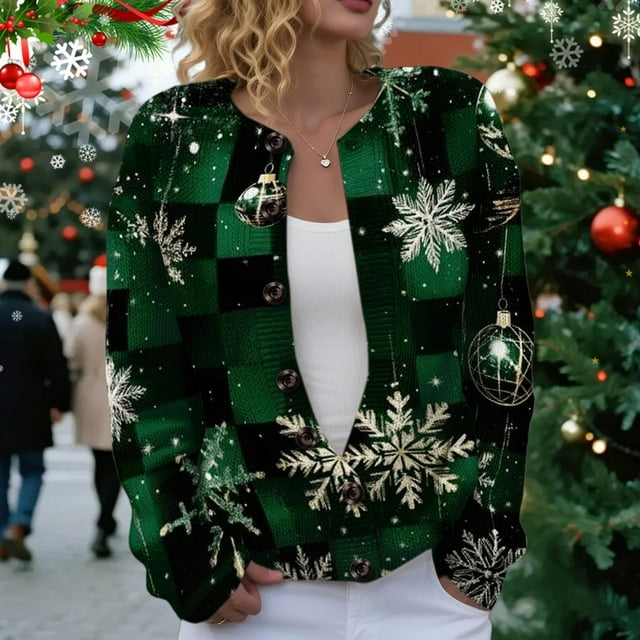 Winter Plus Size Fall Sweaters for Women Women Christmas 3d Snowflake Button Deer Plush Sweater Cardigan Features: Green L