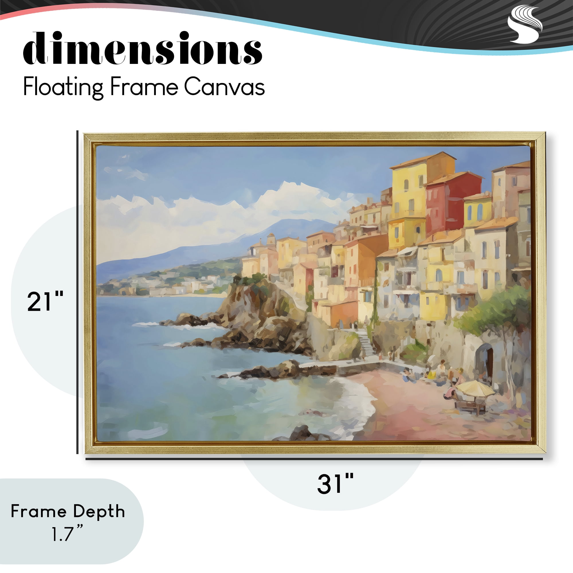 Stupell Industries Colorful Coastal Town by Sea Gold Framed Floater Canvas Wall Art, design by Creative Studio