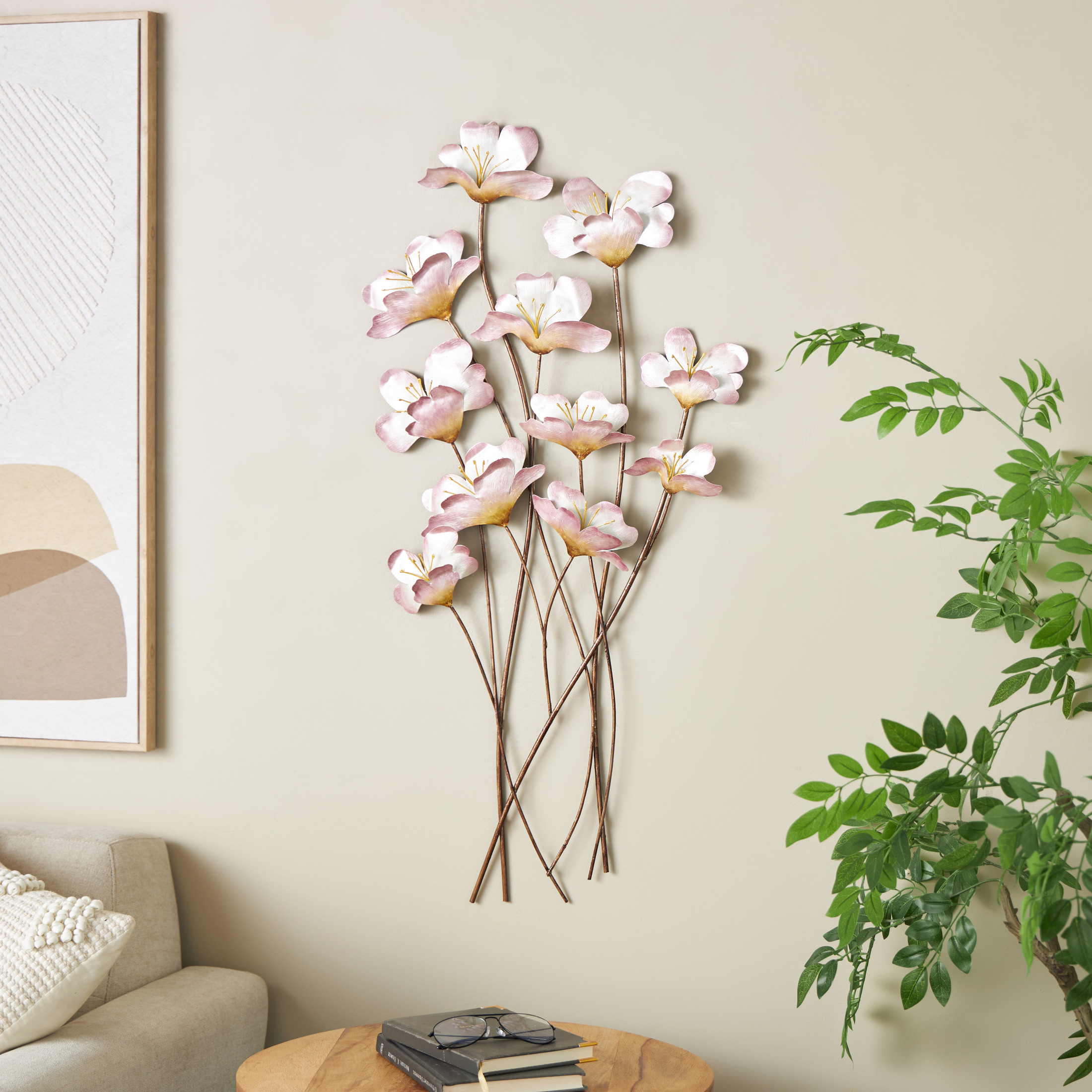 DecMode Pink Metal Floral Wall Decor with Copper Stems