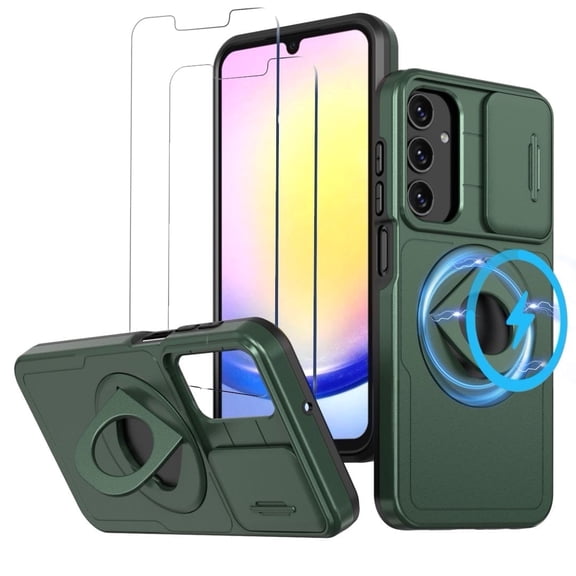 for Samsung A15 Case,Magnetic Kickstand With Sliding Camera Lens Cover,2 PCS Tempered Glass Film,Military Shockproof Phone Cover For Samsung Galaxy A15 6.5"(Army Green)