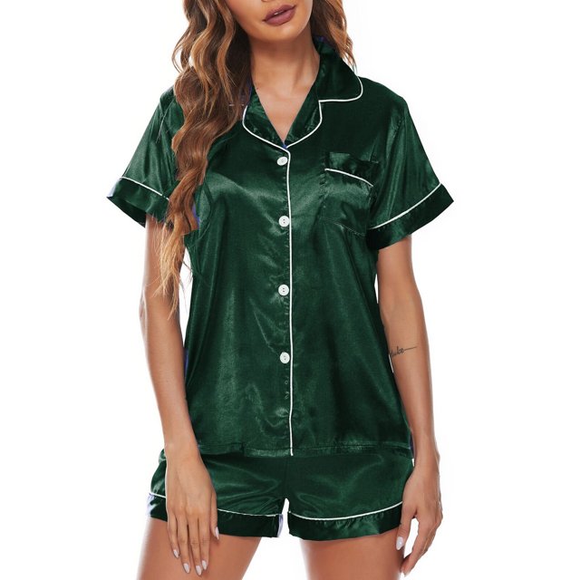 Women Pajamas Set Short Sleeve Notched Collar Button Down Satin Pjs Sleepwear