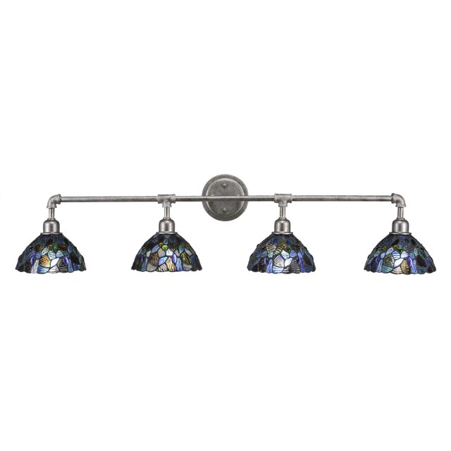 Barra de baño vintage de 4 luces con acabado plateado envejecido y vidrio artístico de mosaico azul de 7 "