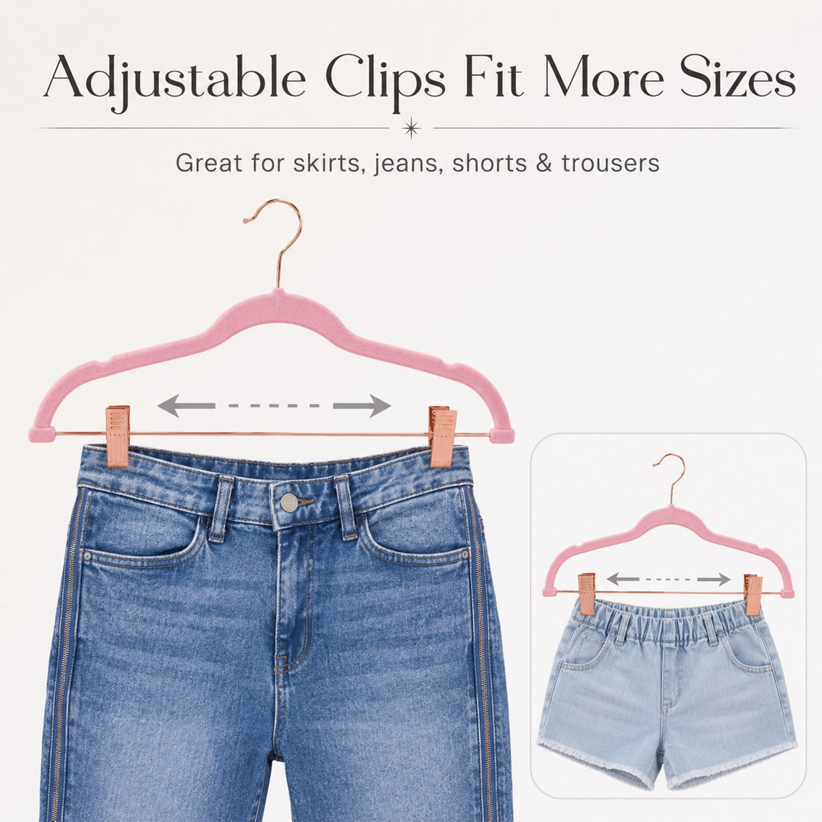 ACSTEP 24 Pack Velvet Pants Hangers with Adjustable Clips, Non-Slip Slim Skirt Hangers for Pants, Jeans, Dresses & Closet Organization, Pink