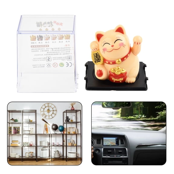 Girlsshop Mini Solar Automatic Waving Lucky Cat Car Decoration Cake Baking Decoration,Lucky Bag-Yellow
