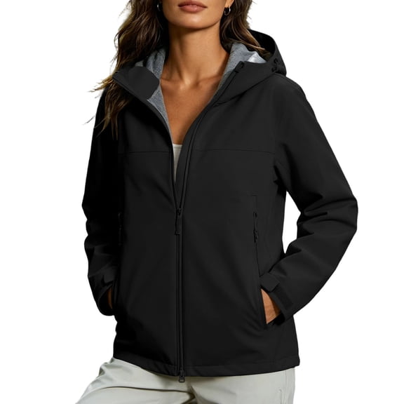 Yyuenw Ladies Solid Color Hooded Softshell Jacket Fleece Lined Zip Side Pocket Casual Outdoor Hiking Coat Windproof Waterproof