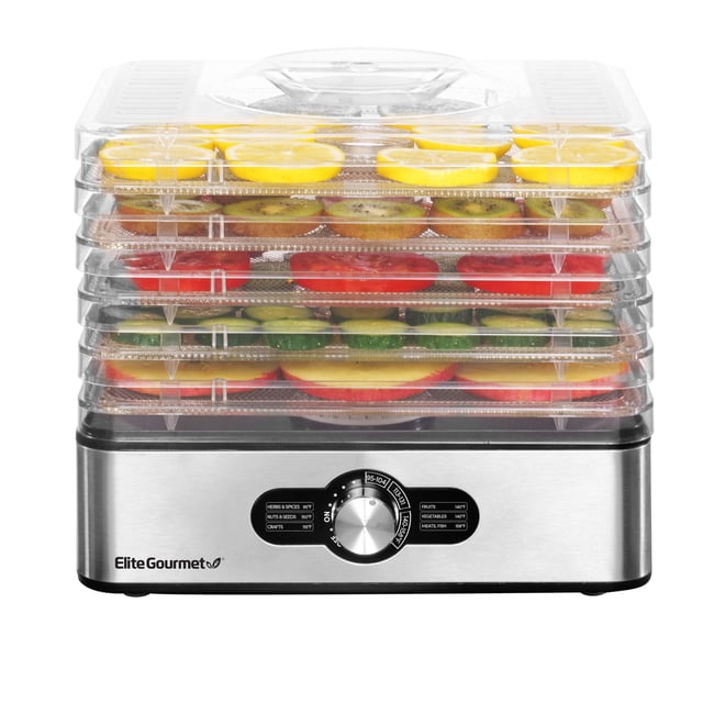 Elite Gourmet EFD3321X - Deshidratador de alimentos, bandejas de acero inoxidable, controles de temperatura ajustables, ceca, hierbas, frutas, verduras, aperitivos secos, acero inoxidable