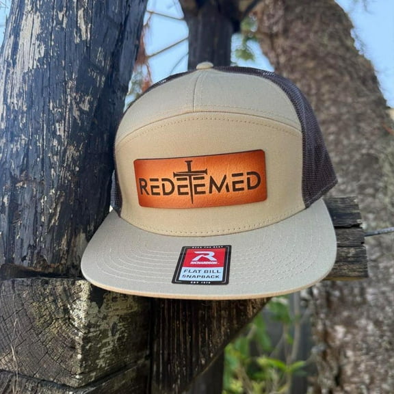 Redeemed Cross Hat – Richardson 168 Snapback – Leather Patch Christian Flat Bill Cap