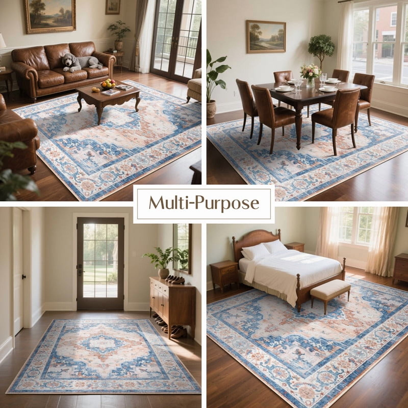 FULIE Bohemian Area Rug 6'x9'Rug Machine Washable for Living Room/Dining Room/Bedroom,Blue