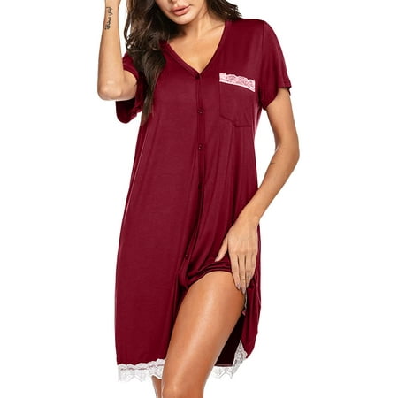 

Women Short Sleeve Solid V-Neck Lace Pocket Top Sleep Dress Nightdress