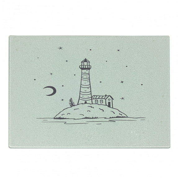Lighthouse Cutting Board, Lighthouse on a Hill in the Middle of the Sea Night Time Moon Stars, Decorative Tempered Glass Cutting and Serving Board, in 3 Sizes, by Ambesonne