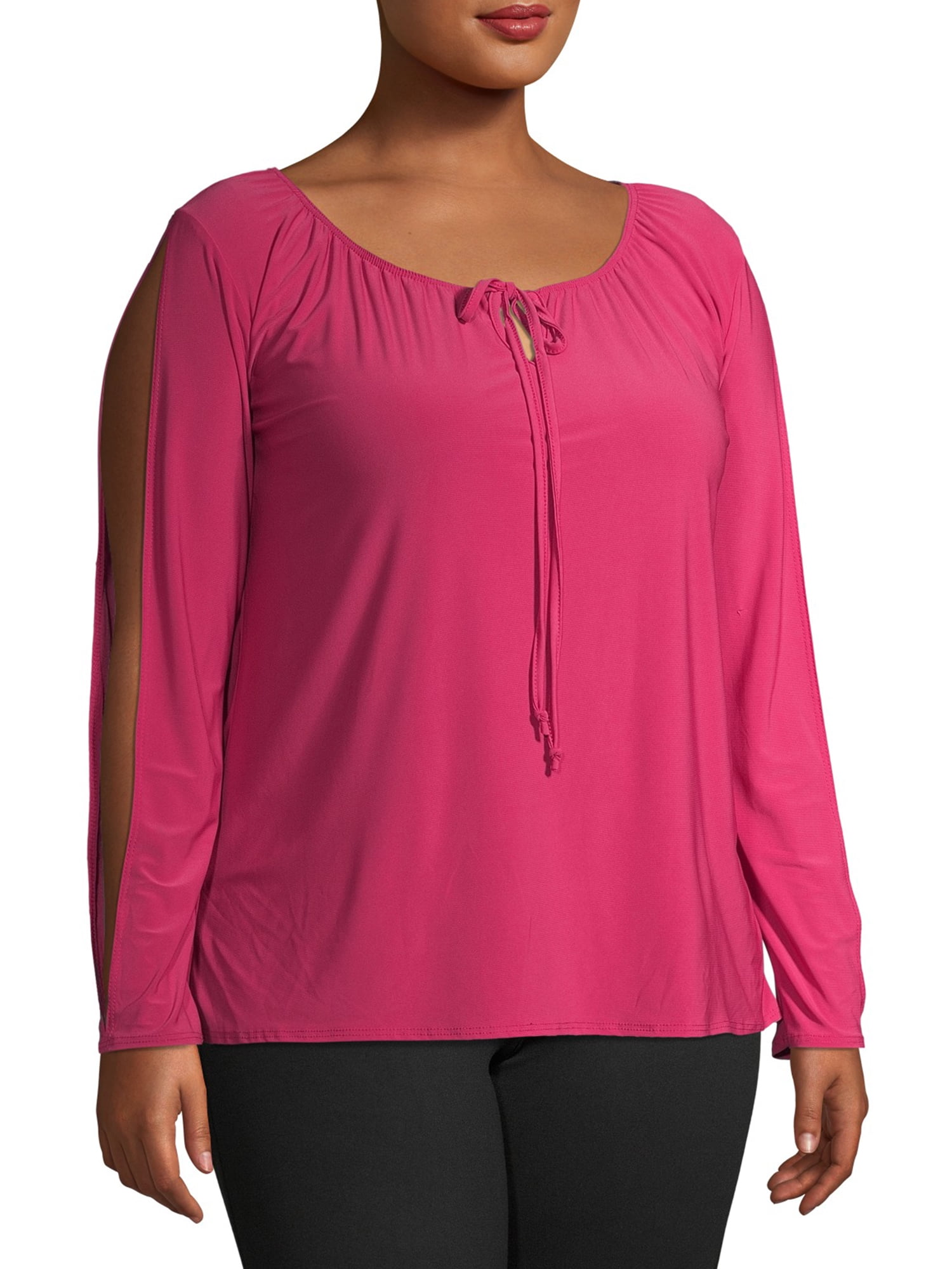 Ella Samani Women's Plus Size Tie Front Long Sleeve Top
