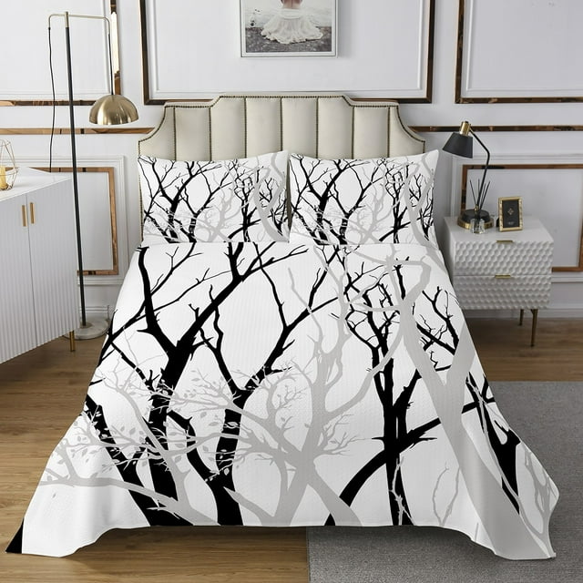 YST Tree Branch Quilt Set Queen Abstract Ink Bedspread Set Abstract Plant Art Work Botanical Coverlet Set For Kids Boys Girls Modern Geometric Simple Black Grey Bedding Set