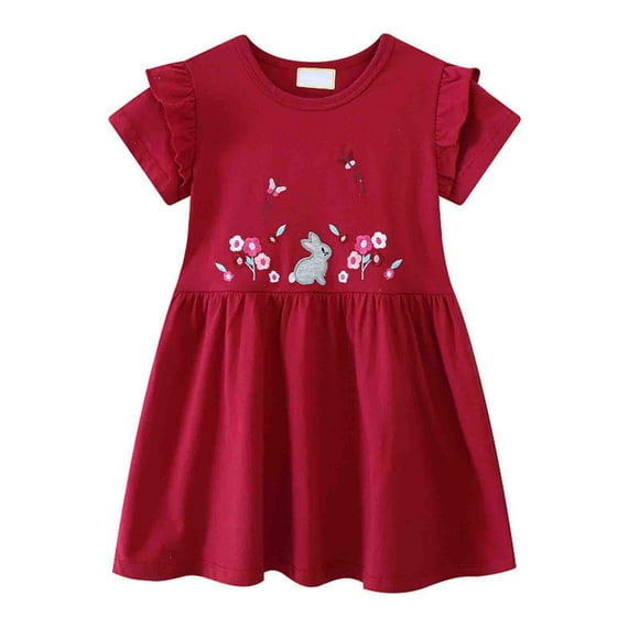 MEZZALL Youlebao Robe Décontractée à Manches Courtes pour Tout-Petites Filles en Coton avec Broderie Appliquée, Robe d'Été, Rouge Melon D\'eau, 2-3 Ans