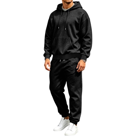 Rexolia Men's Drop Shoulder Pullover Hoodie and Jogger Set with Kangaroo Pocket Relaxed Black L