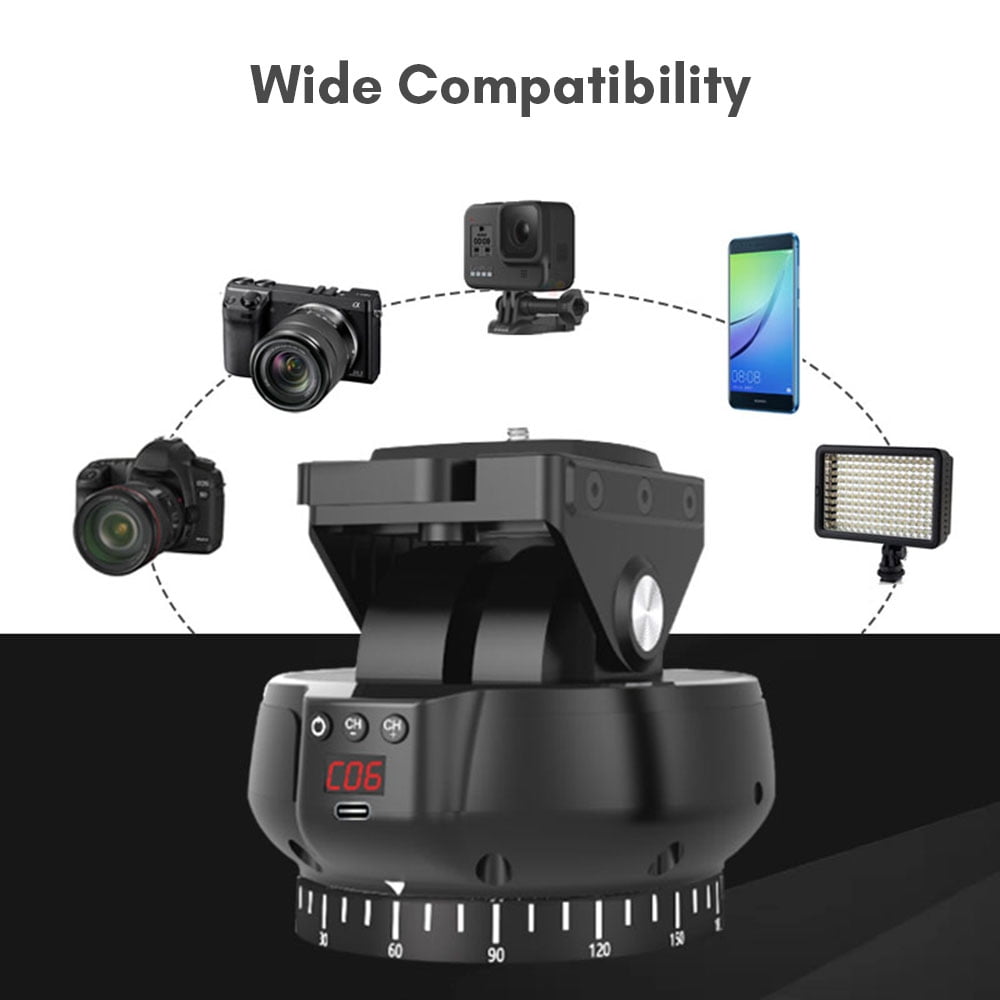 Motorized Pan Tilt Head Panoramic 360° Rotation Tripod 100M Wireless Remote Control 9 Levels Adjustable Speed 1kg Load Capacity with Phone Clip for Smartphone