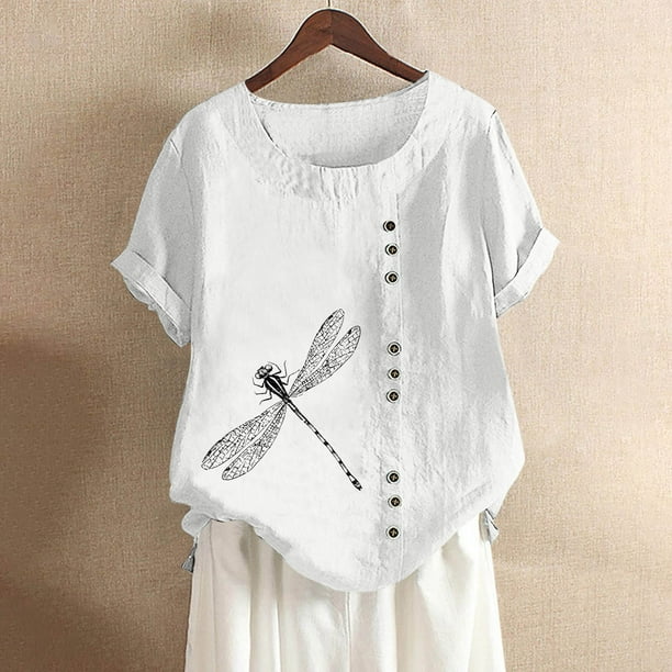 Gibobby Blusa Casual de Mujer Camiseta lino y algodon para mujer camisetas informales holgadas con estampado blusas tipo tunica con botones tal Blanco G Walmart en linea