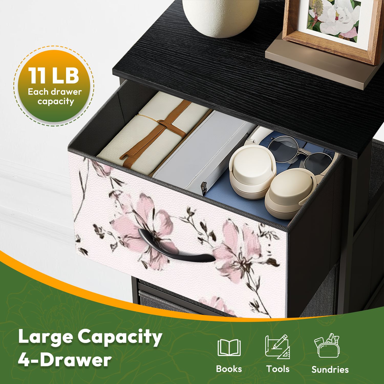 4 Drawer Vertical Storage Dresser abstract monochrome big flowers all textiles used for with Wood Top Fabric Pull Drawers