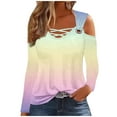thumbnail image 2 of QUNYINEY Gradient T Shirts for Women Long Sleeve V-Neck Casual Yellow Tops Cold Shoulder Pullover Cut Out Loose T-Shirts, 2 of 5