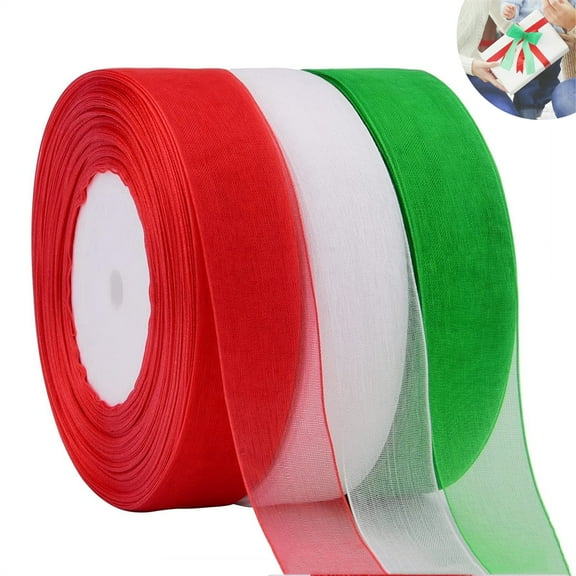 3 Rolls Christmas Chiffon Ribbons 1" x 150yards Mesh Sheer Organza Ribbons Gift Wrapping Ribbon for Apparel Embellishment and Holiday Party Home Decoration (Red White Green)