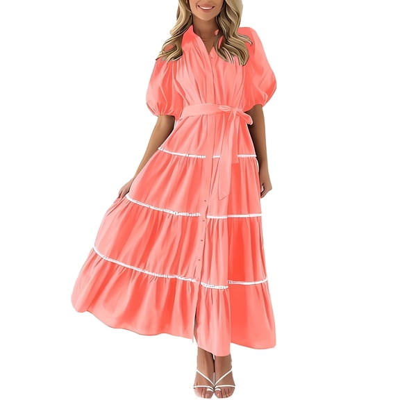 Summer Dresses for Women, Women's 2024 Boho Dress V Neck Short Sleeve Belted Ruffle Hem A-Line Flowy Maxi Dresses Stripe Beach Sundress