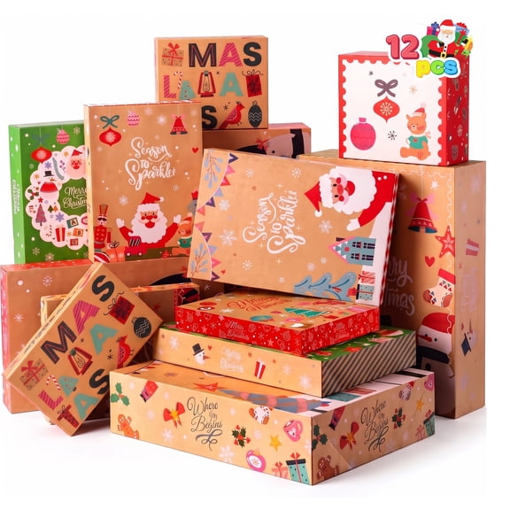 Joyfy 12 Pcs Christmas Paper Gift Boxes 3 Assorted Sizes with Lids, Base, Xmas Shirt Wrap Box, Holiday Present Box for Birthday Party Favors Decorations Gift Wrapping