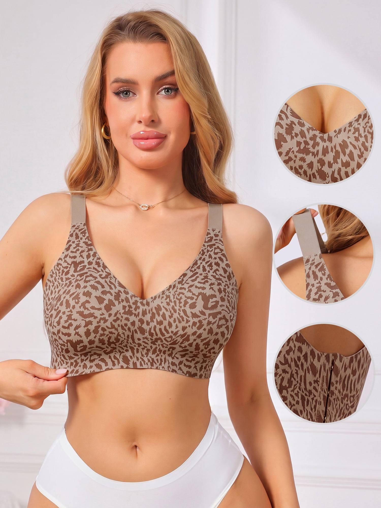 DARING DIVA Women's Leopard Wireless Seamless Fixed Padding Bralette Bra M Brown