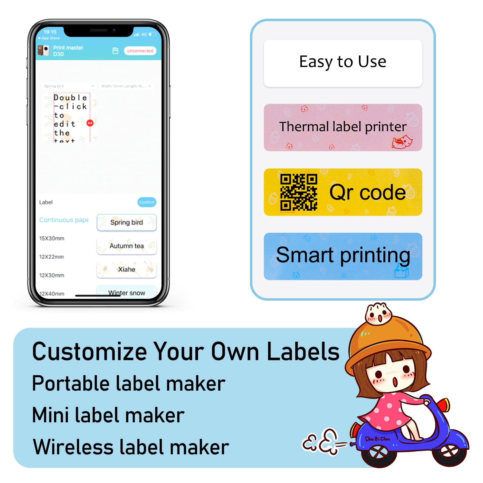 GREENCYCLE D30S White Portable Mini Portable Label Maker- with 3 Roll 12/14mm Width Thermal Label Paper Wireless Bluetooth Label Printer App Control Easy to use for Home Office School Organization