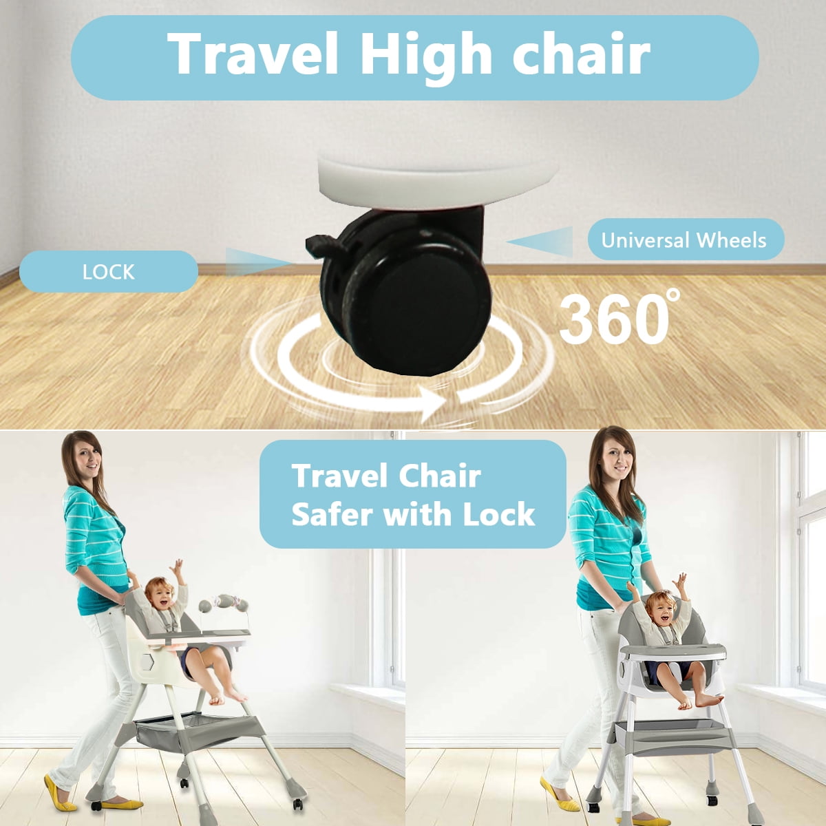 FACNOATIHN Baby High Chair, 4-in-1 Foldable Highchair Dining Feeding Chair with Five-Point Harness Double Dining Plate & Toy Rack, Infant to Toddler, Gray