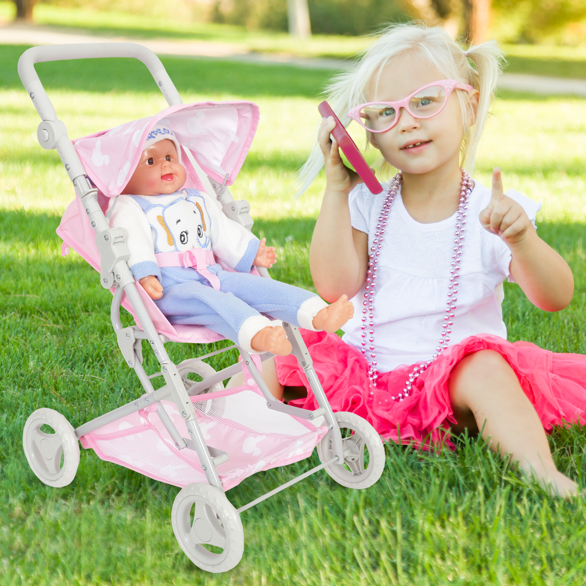 Yexmas Adjustable Doll Stroller, Pink, 18 inches
