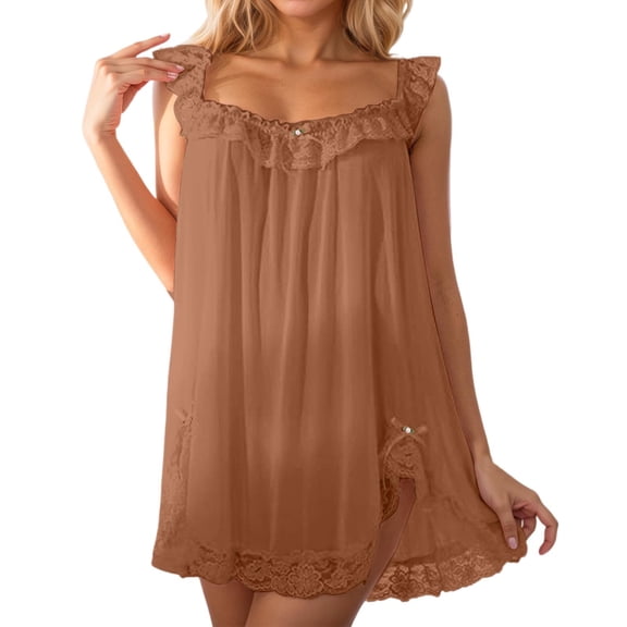 DHFJKG Nightgowns For Women Sleeveless Lace Trim Square Neck Mesh Mini Sleep Dress Summer Loungewear Trendy Home Clothes