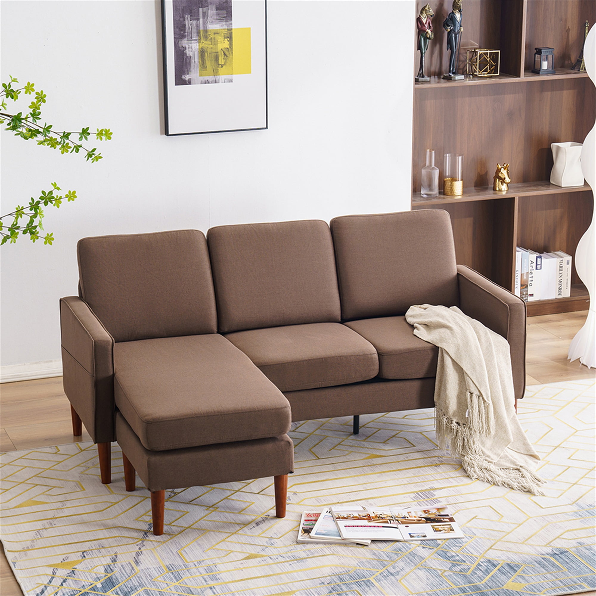 Yardi Yard Fabric L-Shape Couch with Reversible Ottoman, 3-Seat Sectional Sofa for Living room, Brown Yardi Yard Fabric L-Shape Couch with Reversible Ottoman, 3-Seat Sectional Sofa for Living room, Brown