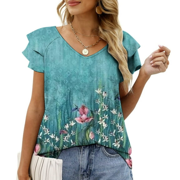 SHOPESSA Womens Tops Summer Fashion V-neck T-Shirt Flounces Short Sleeve Casual Loose Fit Tee Shirts Blouse Print Shirt