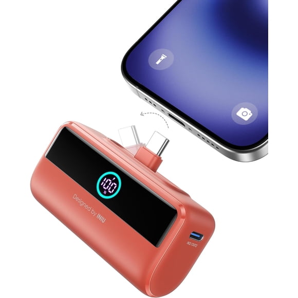 TEMOGU-Compact Portable Charger, 5500mAh Power Bank with Build-in USB-C Connector, 22.5W PD Fast Charging Powerbank, Family Flight Cruise Ship Essential Phone Charger for iPhone 16 15 Samsung, Orange