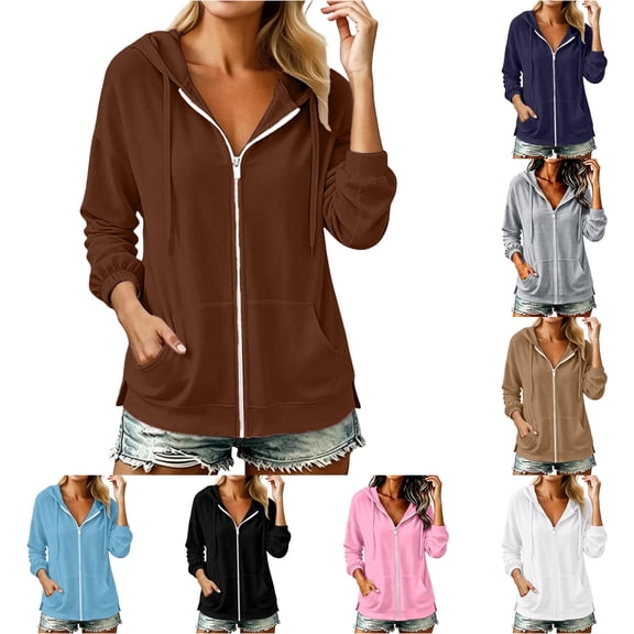 CAIVO Long Sleeve Hoodies For Women Casual Fashion Hooded Sweatshirt With Side Slit And Pockets Solid Color Vacation Tops