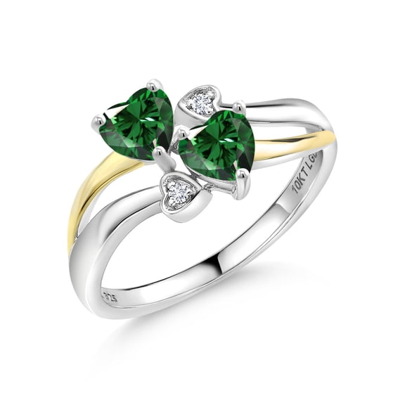 Gem Stone King 925 Silver and 10K Yellow Gold Green Nano Emerald and White Lab Grown Diamond Ring for Women (1.02 Cttw, May Birthstone, Heart Shape 5MM, Size 8)