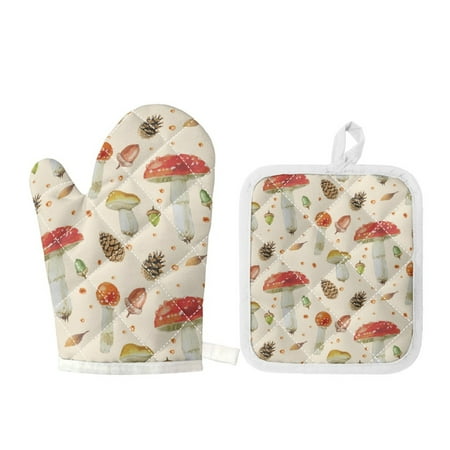 

Vodetik Store Mushrooms Oven Mitt & Pot Holder Set 2pcs Plants Heat Resistant Kitchen Towel